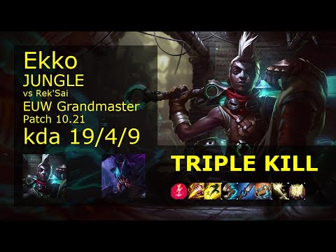 Ekko Jungle vs Rek'Sai - EUW Grandmaster 19/4/9 Patch 10.21 Gameplay