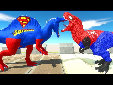 SPINOSAUR SUPERMAN vs SPIDER T-REX DEATH FALL - Animal Revolt Battle Simulator