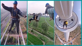 【高所恐怖症】中国送電線工事　恐怖の高所作業　絶叫 ラインマンの高空の移動、休憩、食事に注目