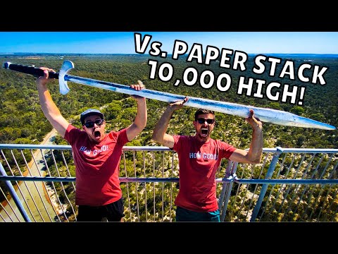 Watch A Massive Sword Rip Through A Stack Of T-Shirts, Fruits And Other Items From 150 Feet High