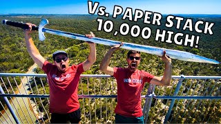 חרב ענקית מול 10,000 דפי נייר מגובה 150 רגל!