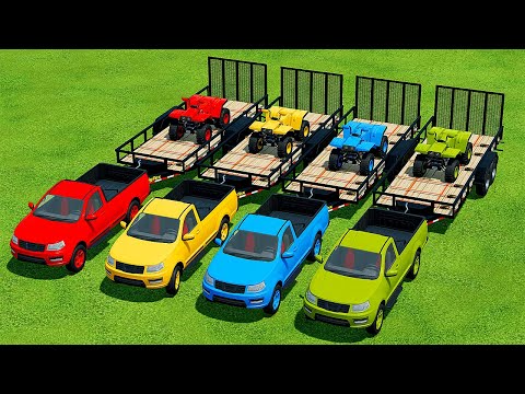 TRANSPORT ATV WITH COLORED PICKUP CARS - Farming Simulator 22