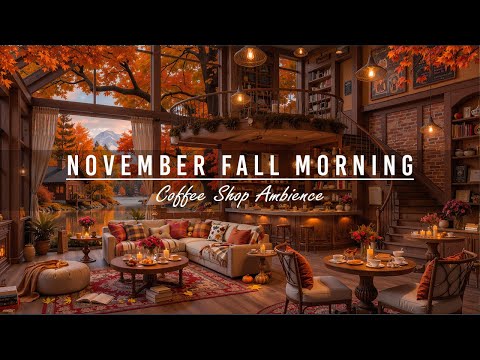 November Fall Morning at Warm Cafe Shop Ambience 🍂 Soft Jazz Instrumental Music for Stress Relief