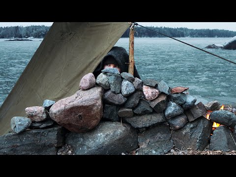 Camping by the FROZEN BEACH, on Kayak Through Ice: Winter Island Bushcraft