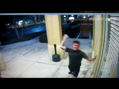 Vandal seen on surveillance video smashing several businesses