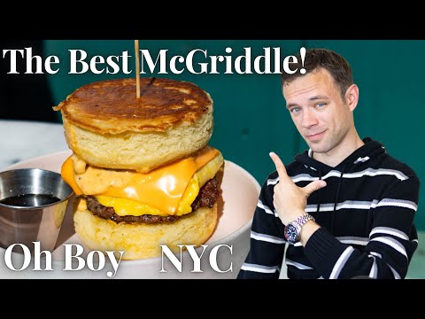 Eating a Fancy take on McDonald’s McGriddle at Oh Boy Brooklyn. NYC