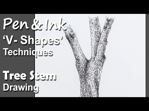 Pen Ink Tree Drawing in V shapes Random Lines Technique | step by step