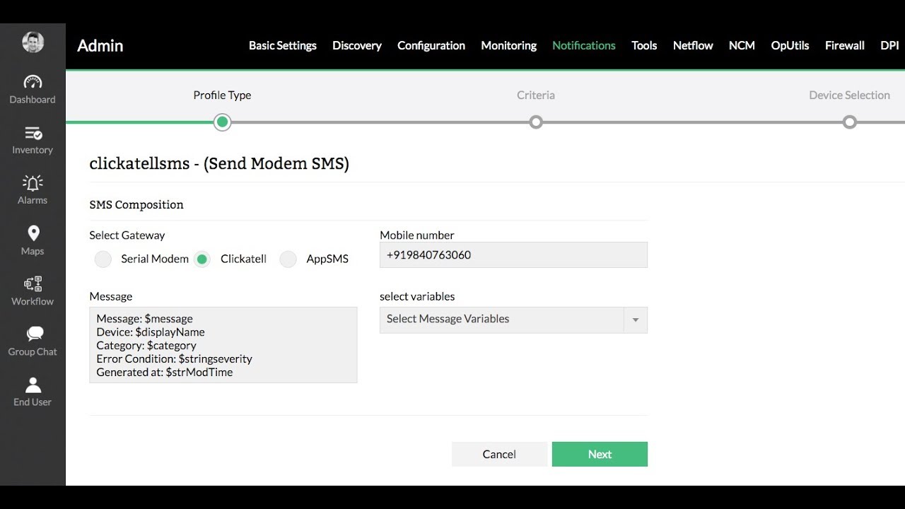 How to setup sms notification using sms gateway Clickatell in OpManager?