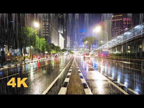 Walking in Heavy Thunderstrom at Night In Jakarta Indonesia ( Umbrella Binaural Rain Sound) ASMR 4K
