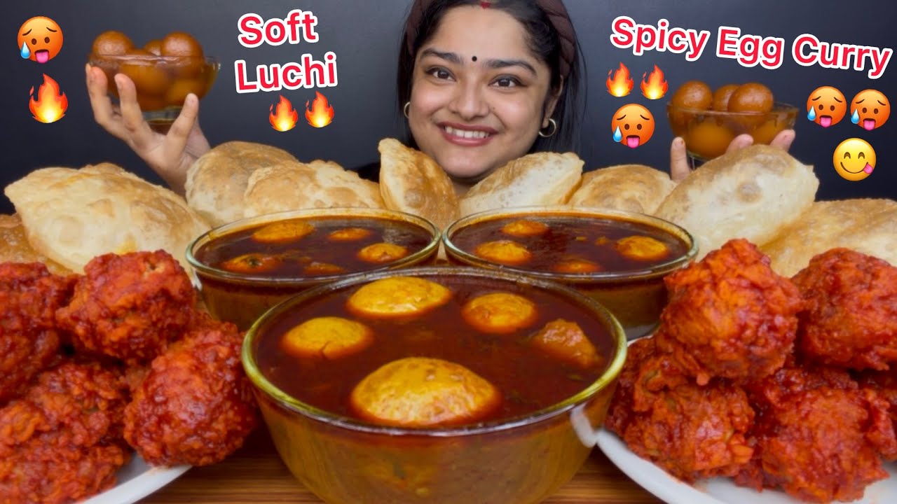 SPICY SPICY EGG CURRY WITH SOFT LUCHI AND SPICY CHICKEN DRUMSTICKS AND GULAB JAMUN | ASMR MUKBANG 
