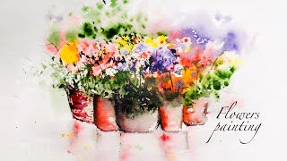 painting of pots with colored flowers . watercolor painting