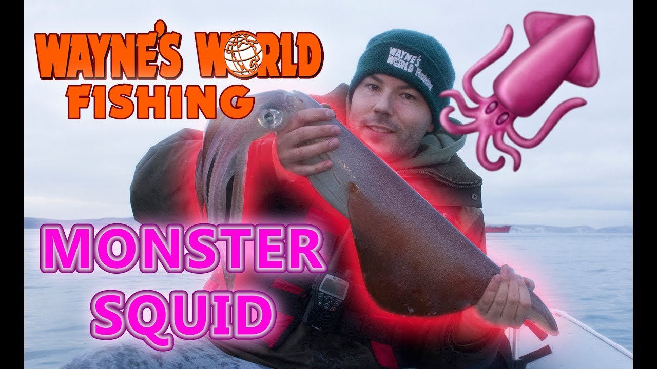 Fisherman in a boat holding a monster squid