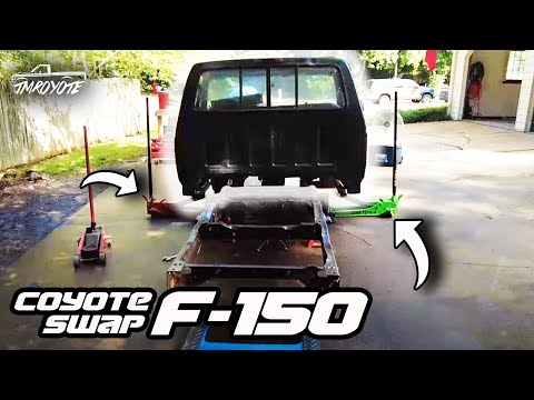 Cab Removal using Two Harbor Freight Floor Jacks on our Coyote Swap F150.  It works!