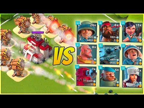 Boom Beach ALL ROCKET LAUNCHERS VS EVERY SINGLE Troop! Insane Splash Damage!