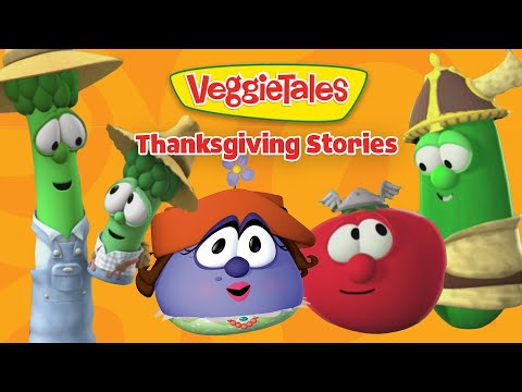 VeggieTales Thanksgiving Stories banner with animated vegetables—a purple character in an orange hat, two green beans wearing hats, a red tomato, on an orange background with the VeggieTales logo.