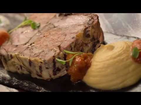 Moroccan spiced goat terrine, Greek yogurt, chilli, poached apricots, hummus