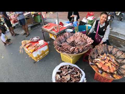 Popular! Cambodian food market overview - fish, beef, fresh vegetables, fruits and more