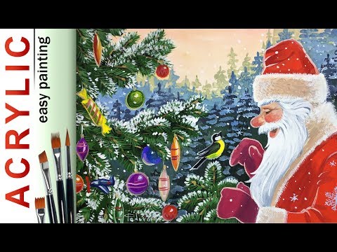 "Santa Claus & bird on Christmas tree" How to paint 🎨ACRYLIC tutorial for beginners