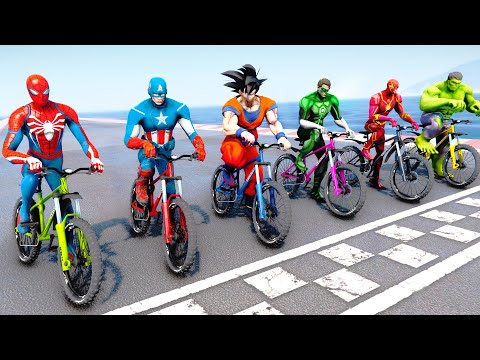 Superheroes BMX Bikes EVENTS DAY WIPEOUT OBSTACLES Challenge Spiderman Goku Flash Hulk - GTA 5