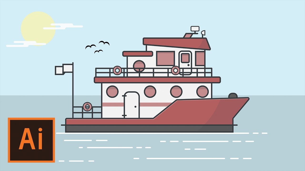 Illustrator Tutorial - Boat and Ocean Flat Design (Illustrator Flat Design Tutorial)