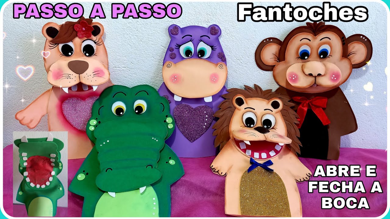 (Passo a passo) FANTOCHES DE ANIMAIS EM EVA. Abre e fecha a boca.