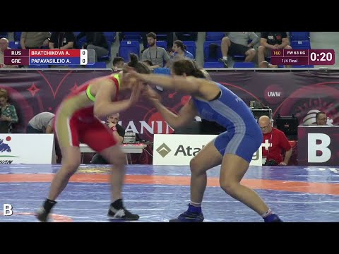 1/4 FW - 63 kg: A. BRATCHIKOVA (RUS) df. A. PAPAVASILEIO (GRE) by TF, 10-0