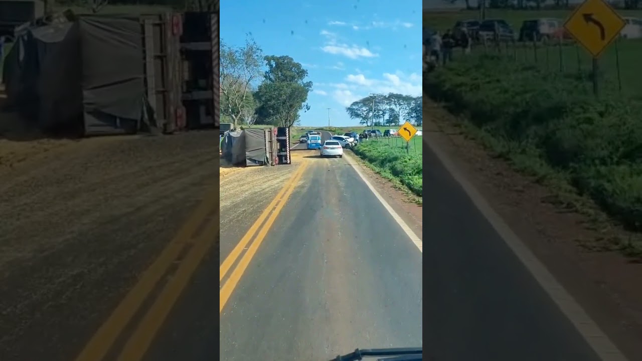 Acidente entre carro e carreta carregada com cereais é registrado na PR-467, entre Marechal Cândido Rondon e Pato Bragado
