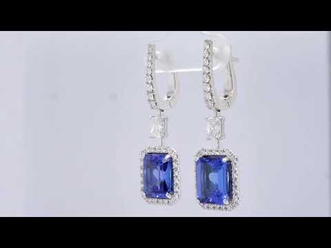 Tanzanite and diamond halo drop earrings in white gold 18k