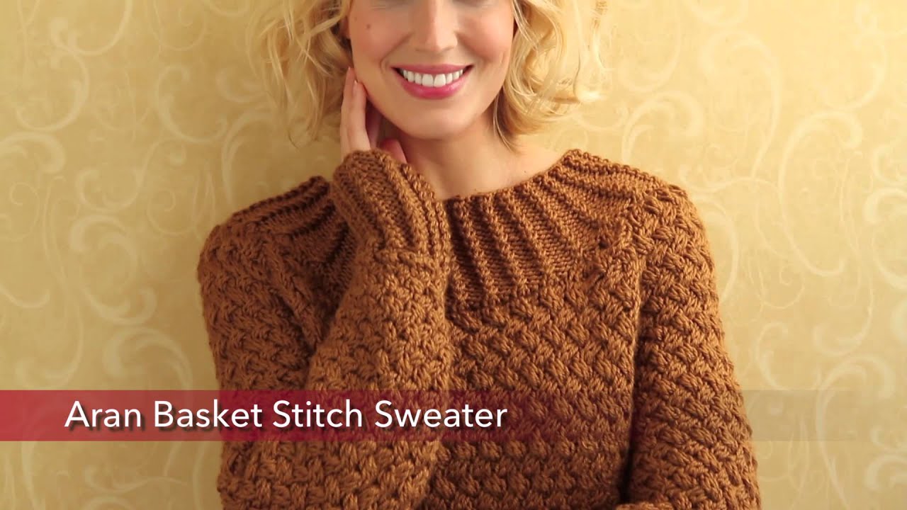 Red Heart Aran Basket Stitch Sweater 