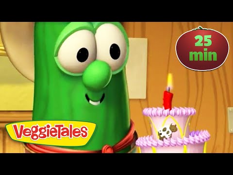 Larry the Cucumber from VeggieTales gazes at a pink birthday cake with a single lit red candle, logo in corner, 25 min badge visible.