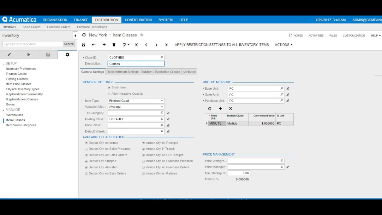 Create Item Classes in Acumatica
