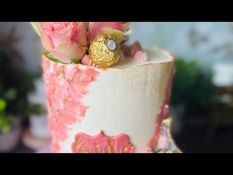 Elegant cake with flowers l pink white and gold artistic cake with fresh flowers