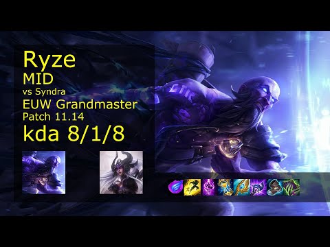 Ryze Mid vs Syndra - EUW Grandmaster 8/1/8 Patch 11.14 Gameplay