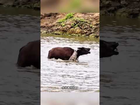 A crocodile's attempt to hunt a buffalo failed. The buffalo, crossing a river, was ambushed by th...