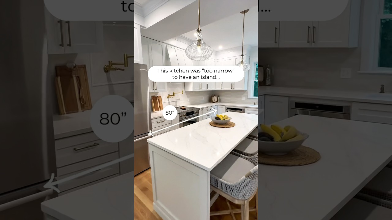 Small kitchen island dimensions: 80” x 30” with 18” cabinets, and a full depth overhang for seating!