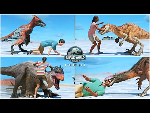 HUMANS VS ALL DINOSAURS AND FLYING REPTILES HUNTING ANIMATIONS IN JURASSIC WORLD EVOLUTION 3