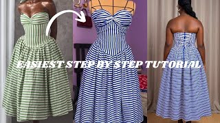 HOW TO CUT AND SEW THE VIRAL STRIPED WAIST GATHERED DRESS||STEP-BY-Step||(Beginner Friendly)