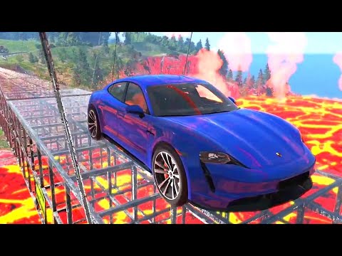 Cars vs Glass Bridge with Lava River - BeamNG Drive