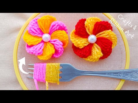 It's so Beautiful 💖🌟 Super Easy Woolen Flower Making Idea with Fork - DIY Hand Embroidery Flowers