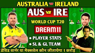 AUSTRALIA vs IRELAND Dream11 Team, AUS vs IRE Grand League Team Prediction, AUS vs IRE GL Team.