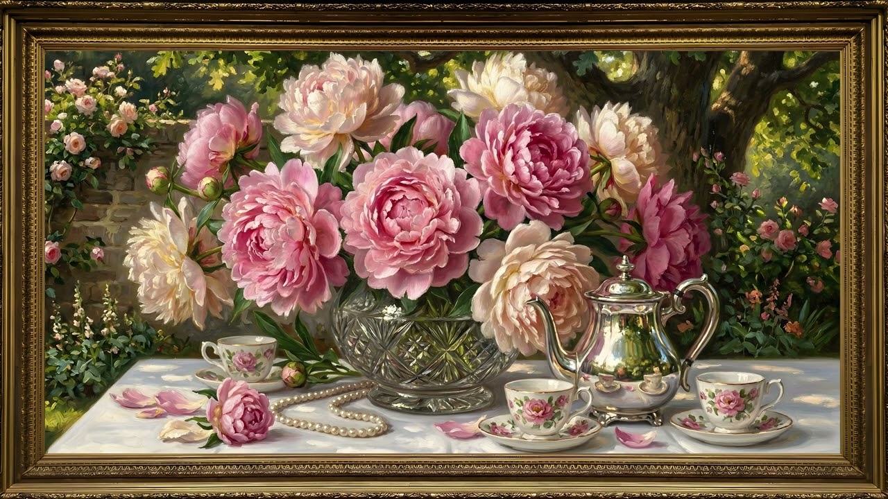 Peony Garden Tea Party - Old Money Luxury - 4K Screensaver — 4K ambient art screensaver in baroque gold frame