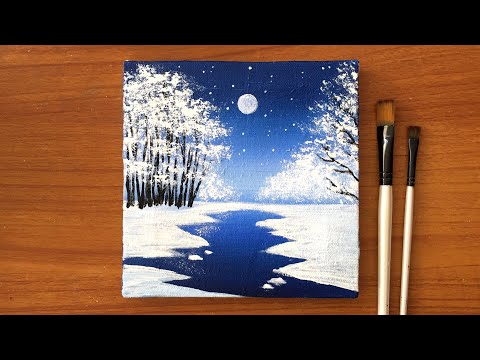Easy Winter Scene Painting on Canvas | Acrylic Painting for beginners | Canvas Painting