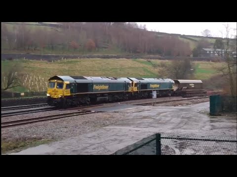 Double headed Class 66s in filthy Yorkshire weather at Marsden