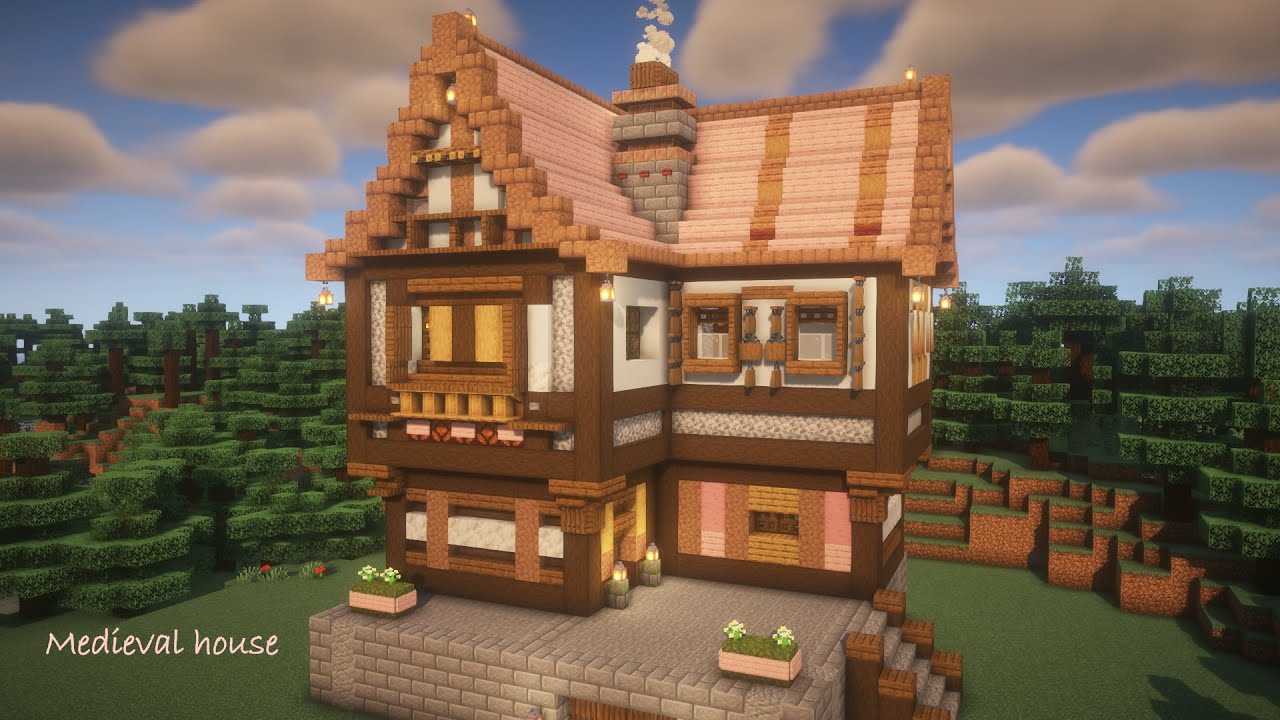 [マイクラ建築]中世ファンタジーハウスの作り方 おしゃれな桜屋根のお家[Minecraft][tutorial]How to build a ...