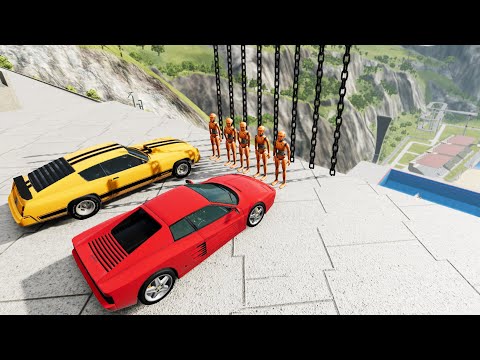 Crazy Vehicle Stairs Jumps Down With Vertical Giant Chain & Test Dummy - BeamNG drive Down Stairs
