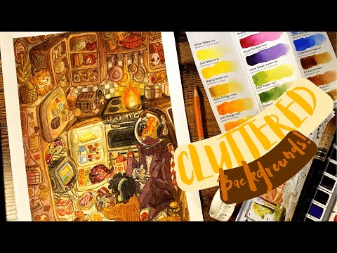 ☕️ How I Draw CLUTTERED BACKGROUNDS!! (TUTORIAL)||✨👾🍕🐟 ft. Etchr Lab Watercolours & Paper!!