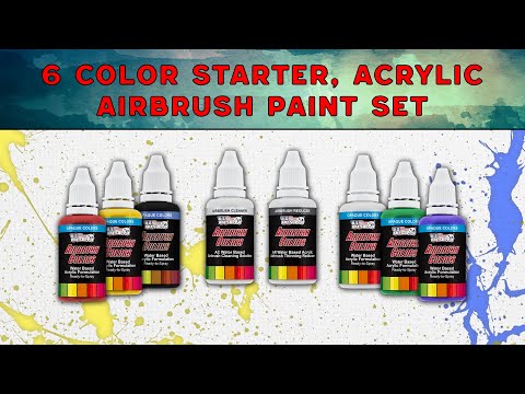 6 Color Starter Acrylic Airbrush Paint Set; Primary Opaque Colors plus Reducer & Cleaner