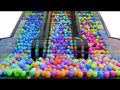 Marble run on escalator with 3d rainbow balls. Colored race blender simulations. 3.0