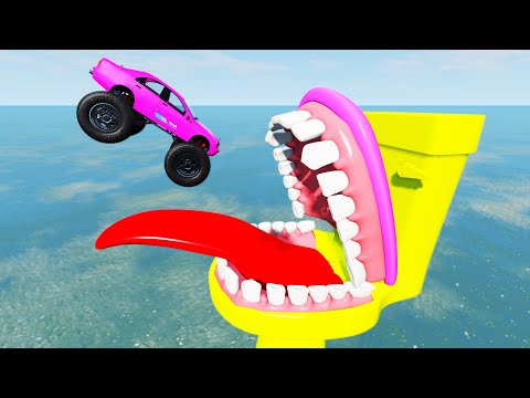 Jumping Cars Into Giant Toilet with Teeth - BeamNG.Drive