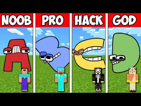 EPIC Minecraft Battle: NOOB vs PRO vs HACKER vs GOD - ALPHABET LORE BUILD CHALLENGE